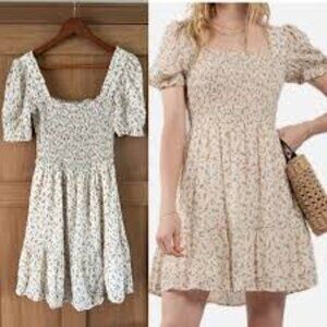 mine Cream Floral Mini Dress with Puff Sleeves